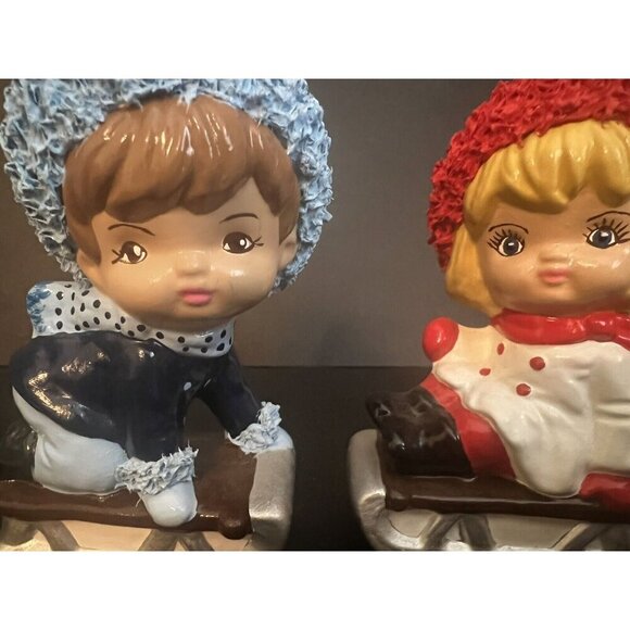 Vintage Kitsch Spaghetti Christmas Kid Village Decor Children Sled Mcm Set4 Lot - Picture 5 of 12